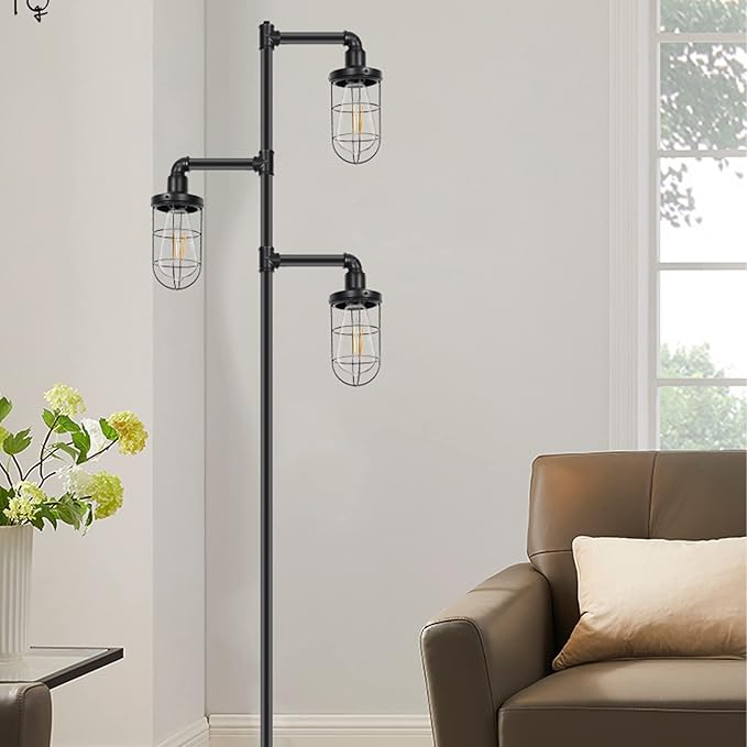 CONCA Steampunk Three Head Industrial Floor Lamp, Rustic Edison Bulb, Cage Shade (Black)