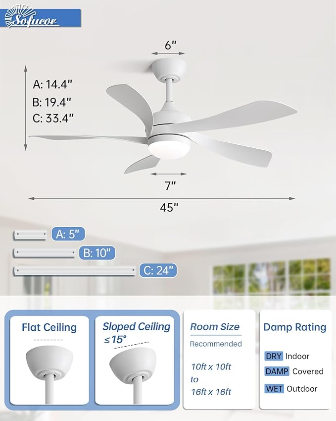 Sofucor 45" Smart Ceiling Fan, Indoor/Outdoor White Ceiling Fans with Lights and Remote, Works with Alexa/Google/App, 3-Color Light 6-Speed Timing Reversible DC Motor for Bedroom Living Room Patio