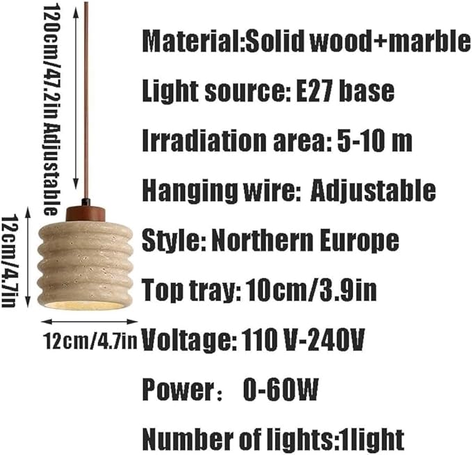 4.7" Nordic Wabi Sabi Textured Marble Pendant Light, E27 Adjustable Modern Hanging Lamp, with Solid Wood Accent for Bedside Kitchen Island Dining Room