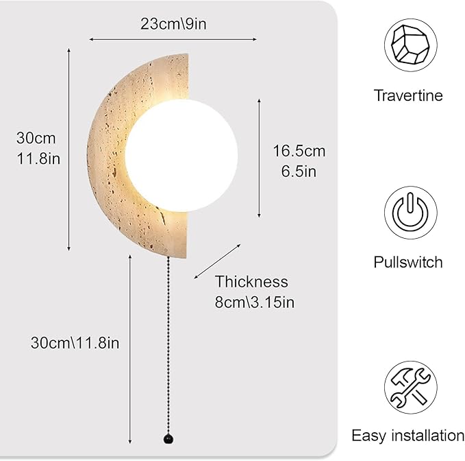 Semi Circle Yellow Travertine Wall Sconce, Wabi Sabi Marble Wall Light with Glass Lampshade and Pull Switch, Half Moon Natural Stone Wall Lamp for Bedroom Living Room Hallway(Left)
