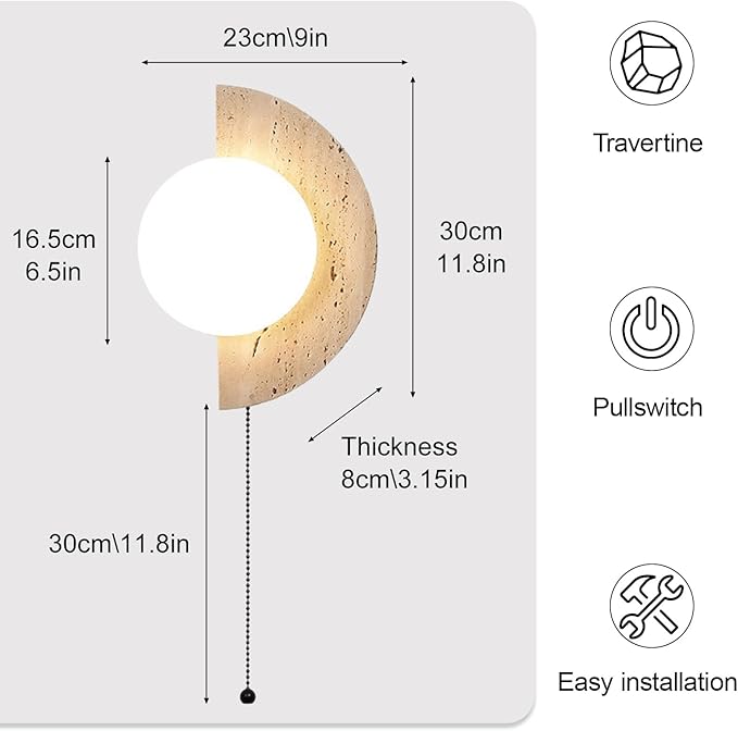 Semi Circle Yellow Travertine Wall Sconce, Wabi Sabi Marble Wall Light with Glass Lampshade and Pull Switch, Half Moon Natural Stone Wall Lamp for Bedroom Living Room Hallway(Right)