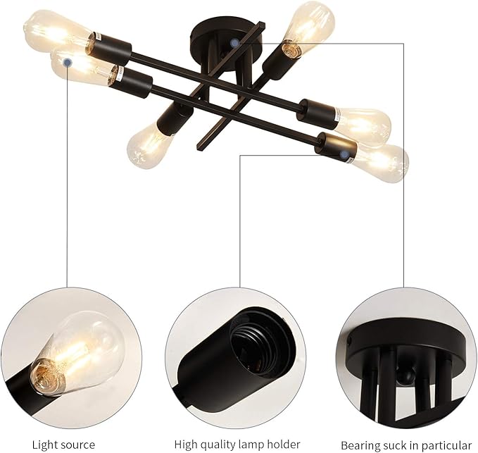 ZGLAOJT 6-Lights Semi Flush Mount Ceiling Light Fixture,Black Industrial Chandelier,Farmhouse Lighting for Dining Room Living Room Kitchen Bedroom