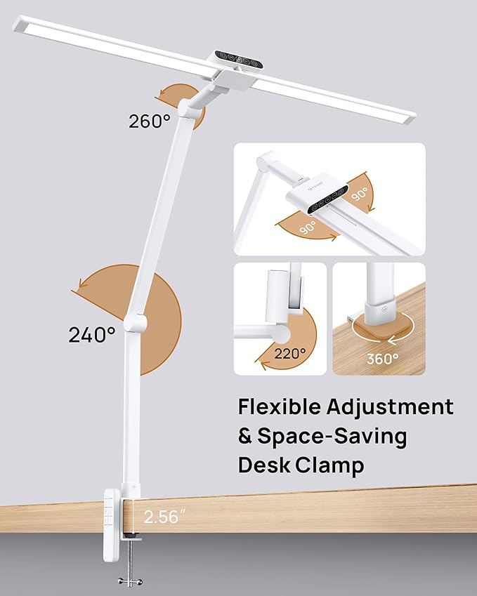 TROND LED Desk Lamp with Clamp, 29.55'' Tall Desk Light with Remote, 1500LM Bright Table Lamp, Swing Arm Clip on Light, Eye-Caring, Touch Control Dimmable for Home Office Monitor Reading Study Task - Aura Lighting