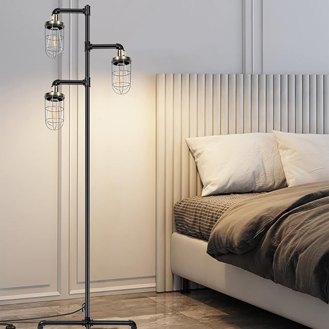 CONCA Steampunk Three Head Industrial Floor lamp with Rustic Edison Bulb and Cage Shade (Black + Green Bronze)
