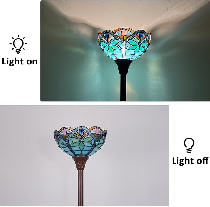 Tiffany Torchiere Floor Lamp - 70" Tall Antique Style Blue Stained Glass Corner Standing Light for Living Room, Bedroom & Home Office