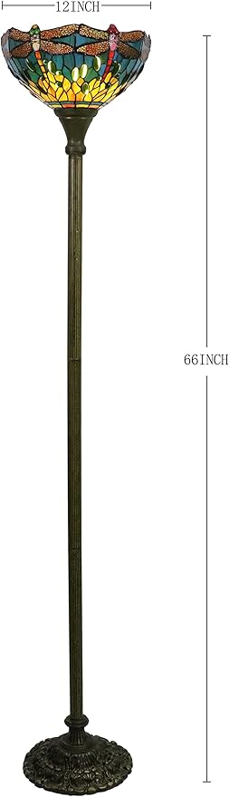 Tiffany Floor Lamps for Living Room, Tiffany Torchiere Floor Lamp Dragonfly, Blue-Green 12 Inch Stained Glass Lampshade, Small Tiffany Type Reading Floor Lamp