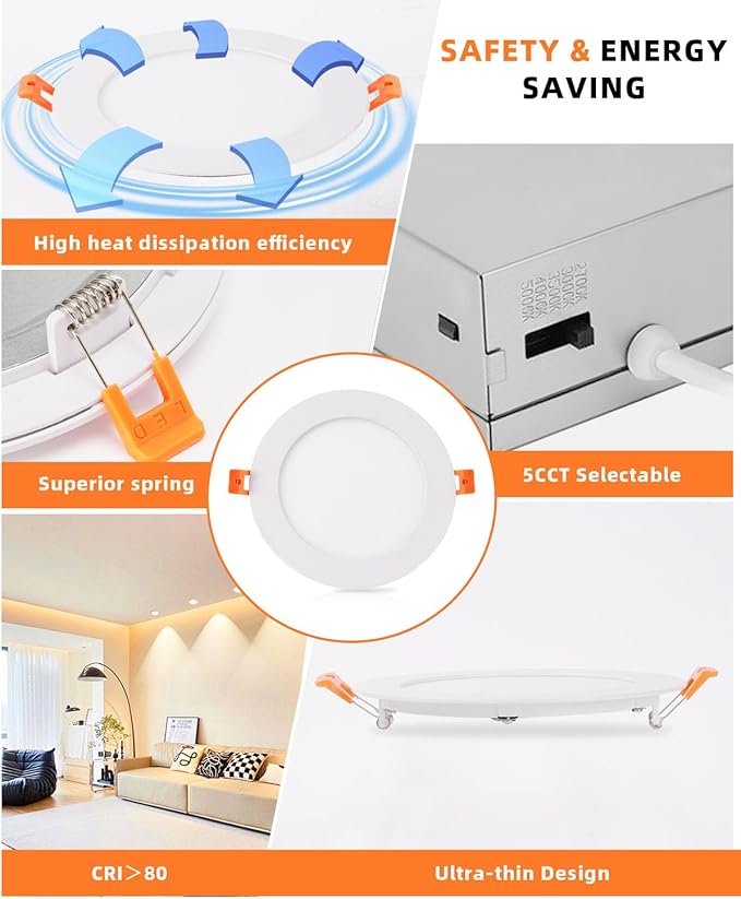 ZYC 4-Inch LED Recessed Lighting - 9W Ultra-Thin LED Ceiling Lights,2700-5000K Selectable,5CCT Dimmable Canless Wafer Downlight,800LM High Brightness,Dimmable Can Lights,Pack of 24 White.