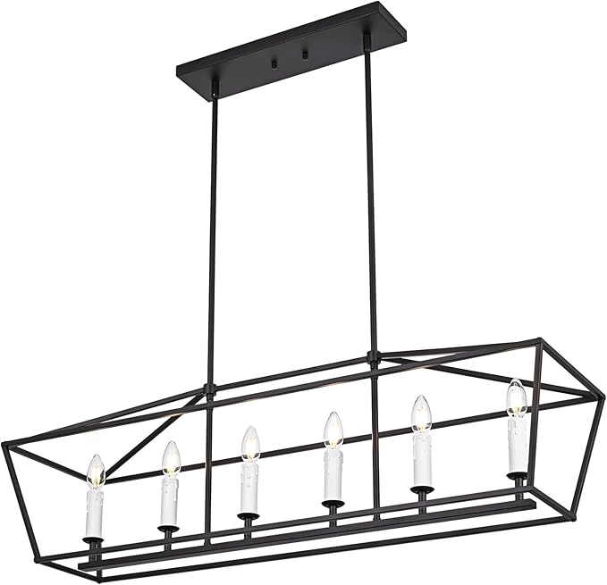 6-Light Black Island Lighting, Industrial Pendant Light Fixtures Candle-Style for Kitchen Dining Room Living Room, E12 Bulb Base