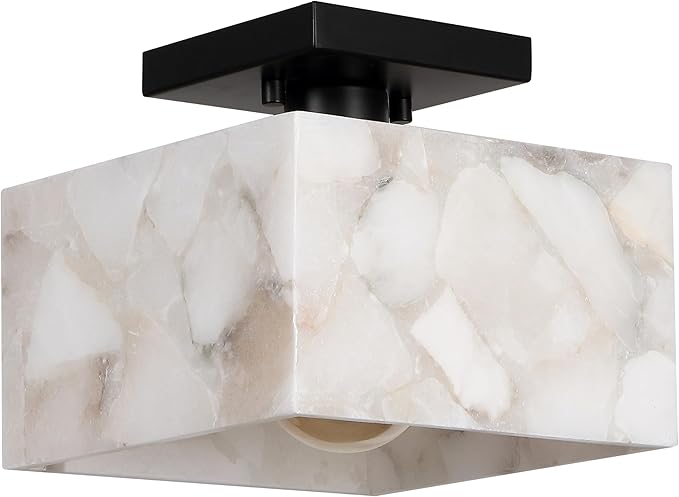 JONATHAN Y 5" White Marbling/Black Modern 1-Light Semi Flush Mount Ceiling Light for Bedroom, Cube White Alabaster Marble Shade, Mid-Century Minimalist Fixture, LED Bulb Included (JYL1203B)