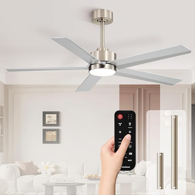 52 Inch Ceiling Fans with Lights and Remote for Bedroom Living Room Kitchen Office, Indoor/Outdoor Use, 3CCT Dimmable, 5 Blades 6 Speed Reversible Quiet DC Motor, Sand-nickel/Silver