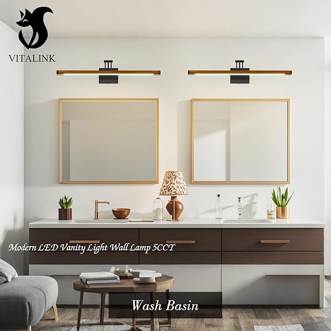 VitaLink LED Picture Light, 27.5" Hardwired Wooden Dimmable Wall Light with Adjustable Swing Arm Wall Pictures Artworks Paintings Display Lighting Bathroom Wall Lamp Vanity Light 5CCT