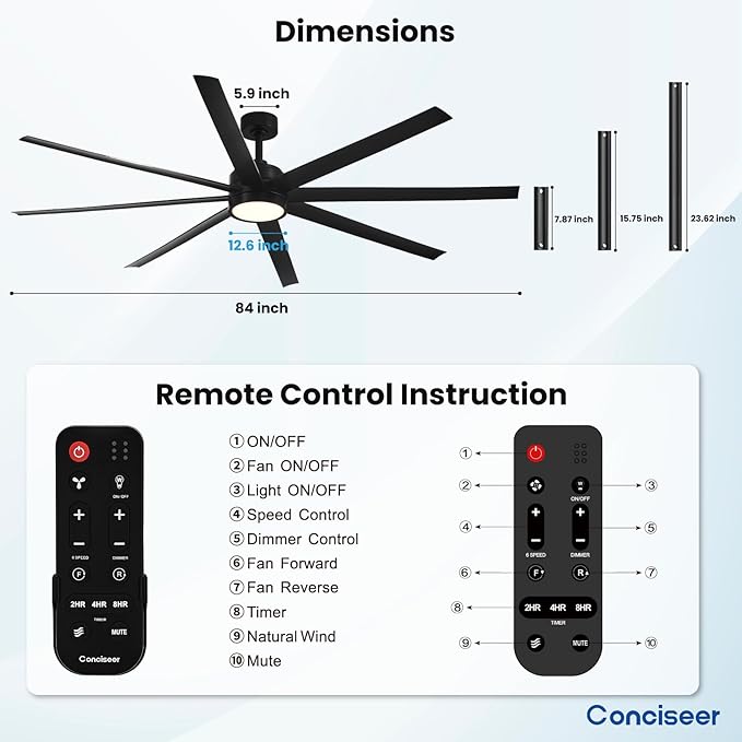 Ceiling Fans with Lights, 84 Inch Ceiling Fan with Light and Remote,Living Room Library Cafe Outdoor/Industrial, 3CCT 8 Blades 6 Speed Reversible Quiet DC Motor, Black/A