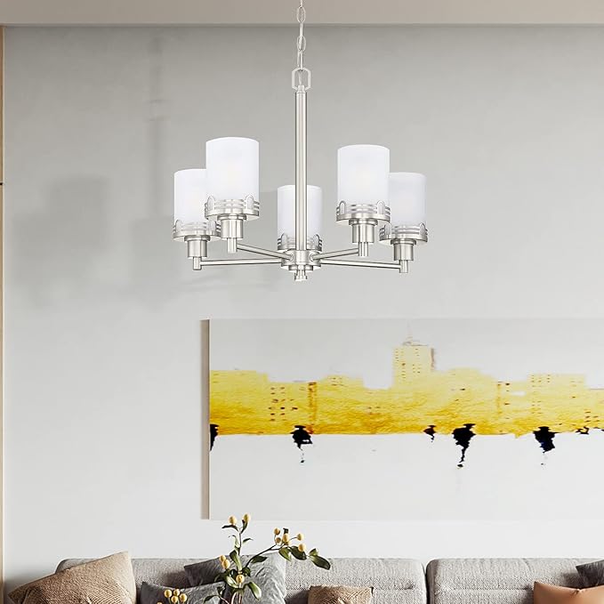 Doraimi Lighting 5 Light Fashion Kitchen Island Frosted Glass Shade+Hollow Metal Shade Chandelier Light Fixture,Brushed Nickel Finish Dining Room Living Room Corridor Bedroom - Aura Lighting