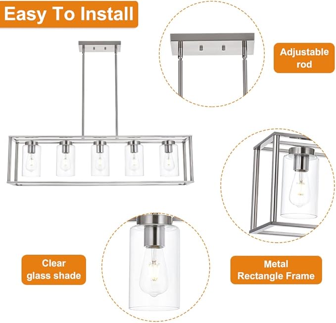 VINLUZ Contemporary Chandeliers Brushed Nickel 5 Light Modern Dining Room Lighting Fixtures Hanging, Kitchen Island Linear Pendant Lights Farmhouse Flush Mount Ceiling Light with Glass Shade - Aura Lighting