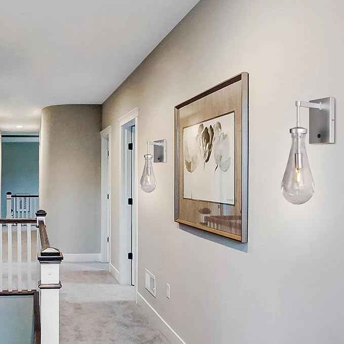 HuisMier Nickel Wall Sconces, Modern Raindrop Wall Sconce with On Off Switch, Clear Glass Wall Mounted Lamp Indoor Vanity Light Fixtures for Bathroom Bedroom Hallway Living Room, Hardwired