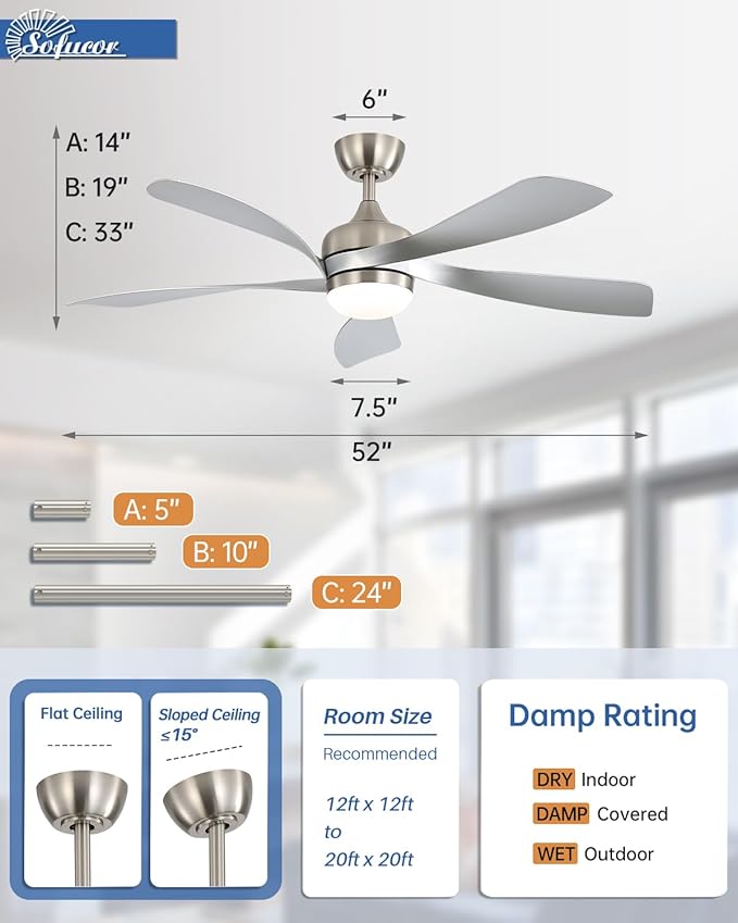 Sofucor 52" Smart Ceiling Fan, Indoor/Outdoor Ceiling Fans with Lights and Remote, Compatible with Alexa/Google/App, 3-Color Light 6-Speed Timing Reversible DC Motor for Bedroom Living Room Patio