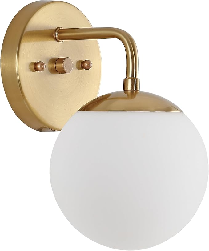 JONATHAN Y 5.75" Brass Gold Modern Globe Wall Sconce Vanity Light for Bathroom, White Frosted Glass Shade, Midcentury Parisian Bistro Wall Lamp, LED Bulb Included JYL3534A