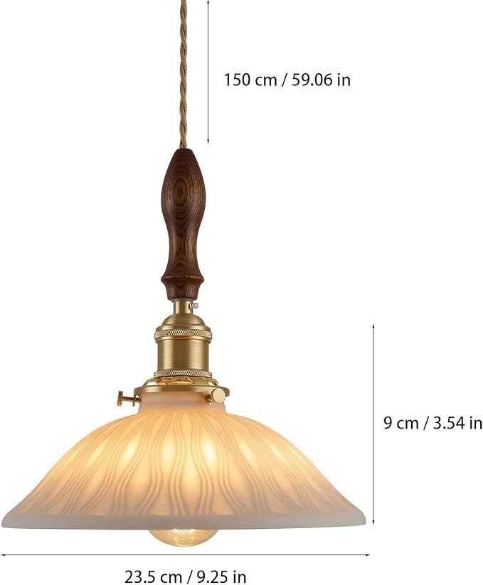 Pendant Light Hanging Lamp Ceiling Light Fixture Pleated Ceramic Shade Walnut Wood Accent Pure Brass Hardware 9.25 Inch for Kitchen Island Dining Room Bedroom Bedside Hallway Corridor Bar(B)