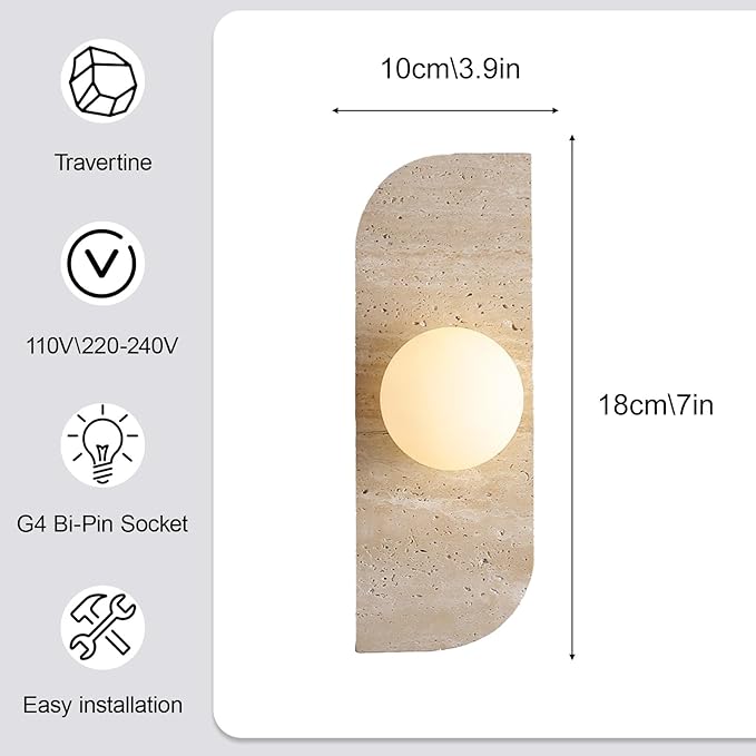 Japanese Style Wabi-sabi Art Lighting Fixture, Yellow Travertine Wall Sconce with Glass Shade, G4 Socket Natural Stone Vintage Wall Lamp for Bedside Bedroom Living Room Kitchen(1-Light)