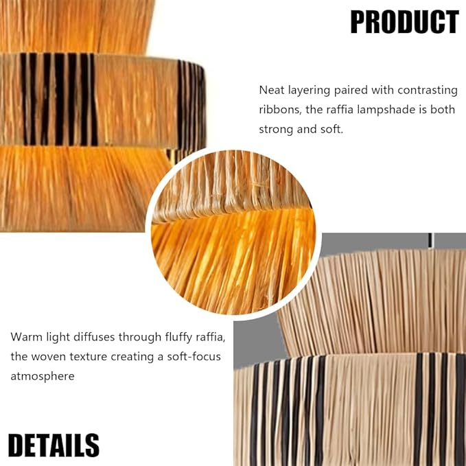 Raffia Pendant Light, Handwoven Wabi Sabi Hanging Lamp, Natural Fiber Dining Room Chandelier,Built-in Metal Frame,Retro Style Straw Woven Light Fixture with E27 Base for Living Room