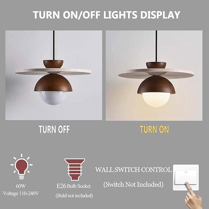 Wabi Sabi Pendant Light With Natural Stone Shade, Modern Walnut Wood Decoration Hanging Light, Yellow Travertine Pendant Lamp For Farmhouse Kitchen Island