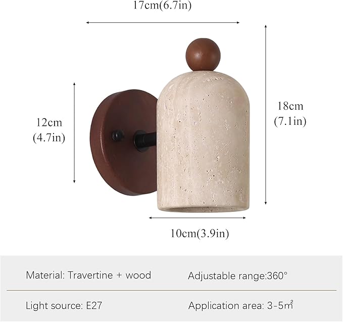 Natural Yellow Travertine Wall Lamp, Adjustable Marble Wall Mounted Light with Wood Base, Japanese Wabi Sabi Style Stone Wall Sconce for Bedroom Bedside Living Room Study(Walnut)