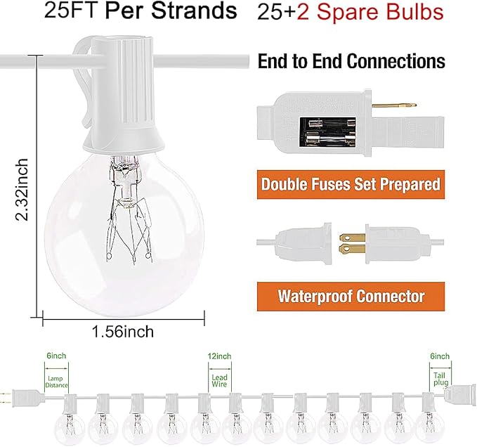 25Ft Outdoor Globe String Lights, G40 Edison String Lights with 27 Clear Bulbs, Waterproof Connectable Hanging String Lights for Indoor Outdoor Wedding Party Decoration, White Wire