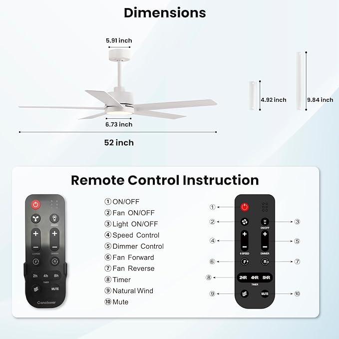 Modern Ceiling Fans with Lights,52 Inch Ceiling Fans with Remote for Bedroom Living Room Kitchen, 18W 3CCT Dimmable,5 Blades 6 Speed Reversible Quiet DC Motor White