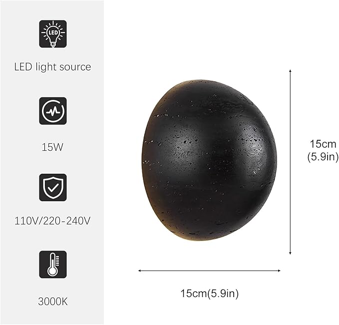 Natural Black Travertine Wall Lamp, Nordic Modern Marble Wall Sconce, Japanese Style Wabi Sabi Stone Wall Lighting Fixture for Bedroom Bedside Hallway Entryway Stairs