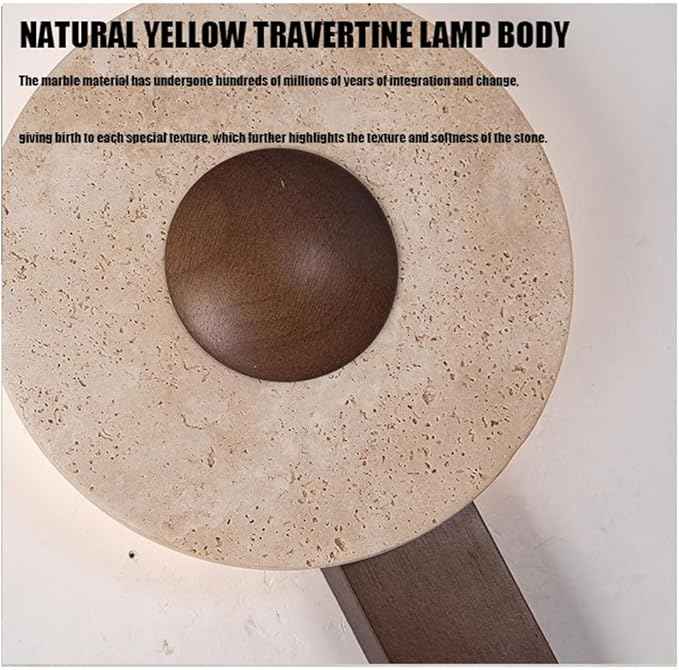 Modern Backlit Wall Sconce Travertine Stone Disc Dark Wood Arm Minimalist Hardwired LED Wall Light Fixture for Bedroom Living Room Hallway Accent Decor(Small)