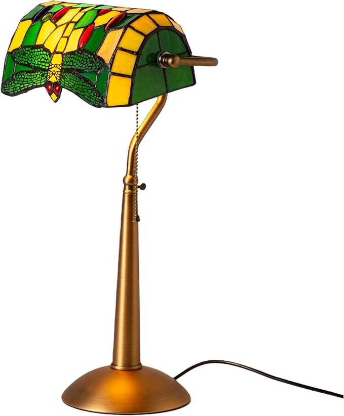 Tiffany Style Dragonfly Bankers Lamp - 18.1" Tall Stained Glass Desk Light with Adjustable Angle & Pull Chain, Vintage Handcrafted Accent Décor for Home Office Bedroom(Green)