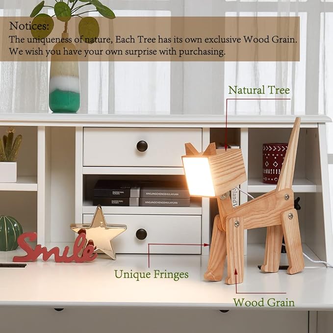 Unique Bedside Table Lamp Cat Adjustable Body Wooden Desk Lamp with Dimmable Touch Switch Warm White Light for Kids Room, Living Room, Boy's Girl's Bedroom, College Dorm, Bookcase