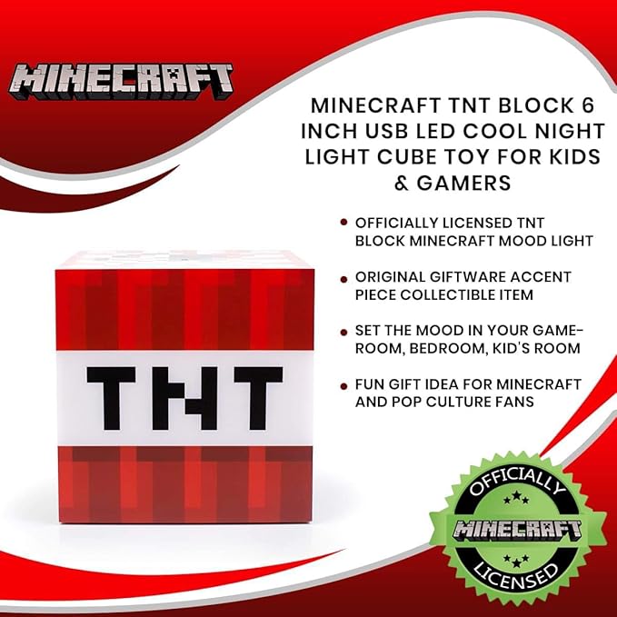Minecraft TNT Block 6 Inch USB LED Night Light Cube - Decorative, Fun, Safe & Awesome Bedside Mood Lamp Toy for Baby, Kids, Teens & Adults - Best for Home's Bedroom, Living Room Or Even Office