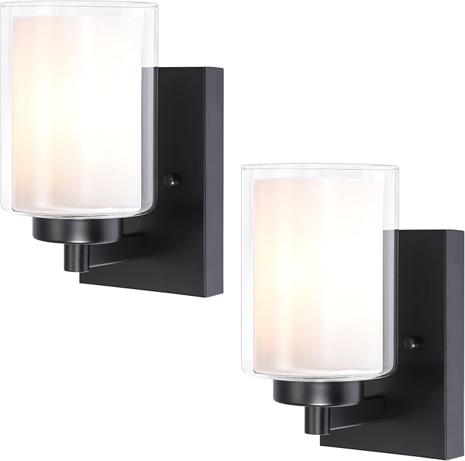 Pia Ricco Wall Sconces Set of Two, Hardwired Bathroom Wall Sconce with Double Glass Shade, Modern Bedside Wall Lamps, Farmhouse Vanity Light Black Wall Lights for Living Room, Bedroom, Hallway - Aura Lighting