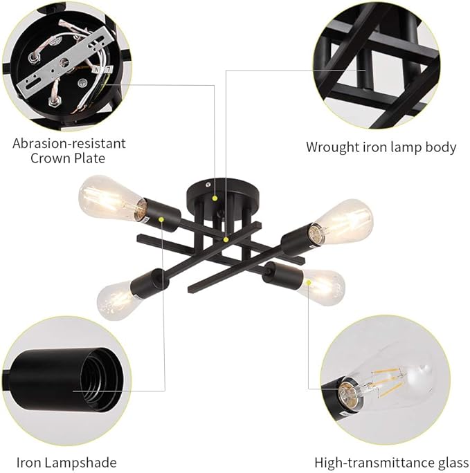 ZGLAOJT Semi Flush Mount 4 Light Ceiling Light Matte Black with E26 Base Modern Chandelier for Farmhouse Kitchen Dining Room Bedroom Study Living Room.