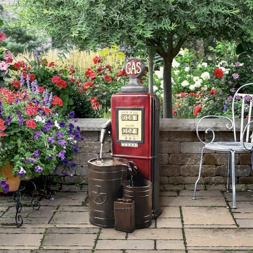 Peaktop Teamson Home Vintage Gas Station Statue 3 Tiered Floor Waterfall Fountain with Pump for Outdoor Patio Garden Backyard Decking