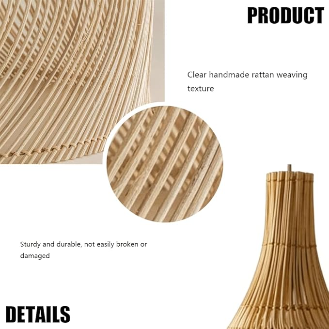 Wabi-Sabi Style Rattan Pendant Light, Handwoven Bottle Shape Hanging Lamp, Natural Bohemian Style Bedroom Hanging Light Fixture with E27 Base for Tea Room Living Room Bedroom Guesthouse