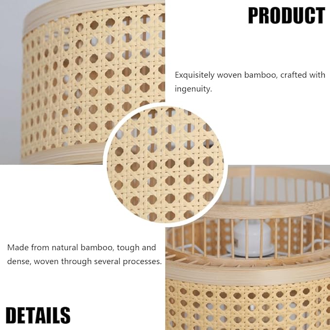Double Layer Bamboo Pendant Light, Handwoven Japanese Zen Wabi Sabi Hanging Lamp, Natural Chandelier,Country-Style Dining Room LightFixture for Tea Room Guesthouse Living Room
