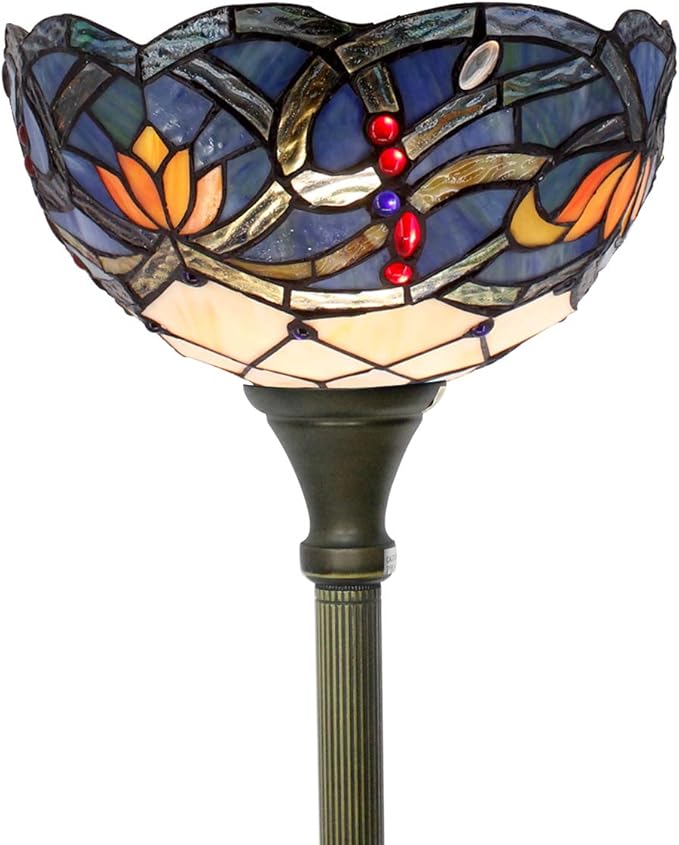 WERFACTORY Tiffany Floor Lamp Blue Lotus Flower Stained Glass Light 12X12X71 Inches Pole Torchiere Standing Corner Torch Uplight Decor Bedroom Living Room Home Office S220 Series