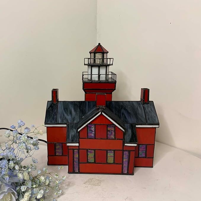 Bieye L10926 Big Bay Point Lighthouse Tiffany Style Stained Glass Accent Table Lamp for Home Decor