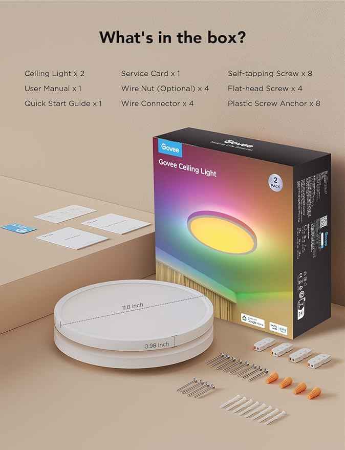 Govee Smart Ceiling Light, RGBIC LED Ceiling Light Fixture, 2400LM Flush Mount Light Fixture, DIY Colors, 12 Inch, 1 Pack (White 2 Packs)