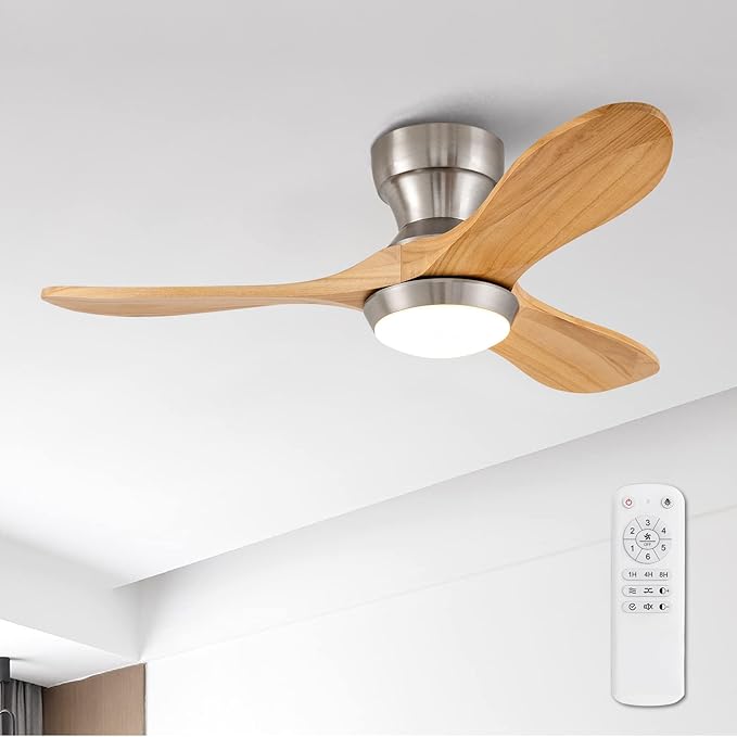 36 Inch Wood Flush Mount Ceiling Fans with Lights and Remote, Dimmable 3 Blades Bedroom Ceiling Fan Outdoor Ceiling Fans for Patios Low Profile Ceiling Fan with Light for Living Room