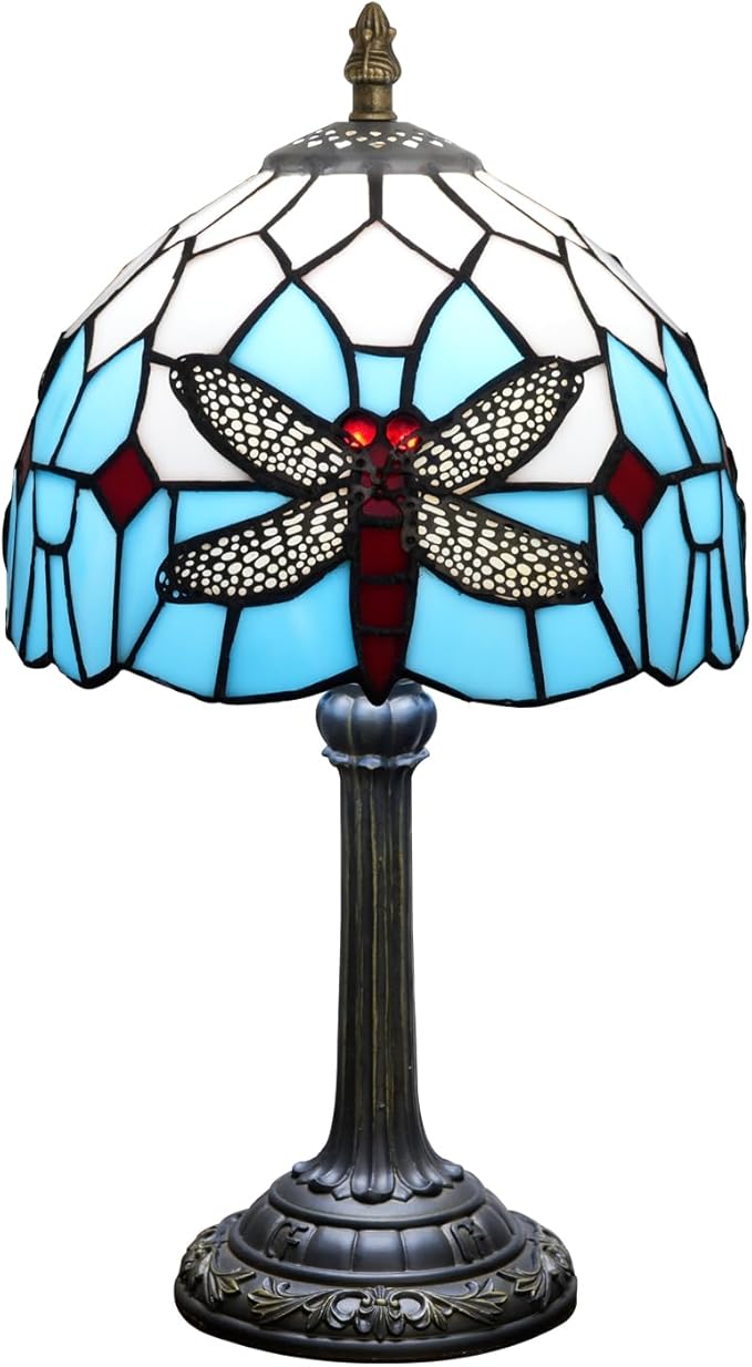 Tiffany Table Lamp Blue Dragonfly Stained Glass Bedside Lamp Antique Unique Cute Accent Nightstand Light for Home Living Room Office Dormitory Bar Decorate