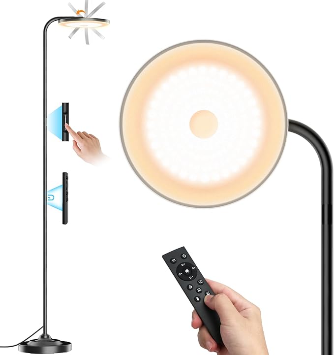 36W LED Floor Lamp, Upgrade Super Bright Standing Lamp, Modern Stepless Dimmable Torchiere Tall Lamp with Remote Control, 350°Rotating Head Reading Floor Lamp for Living Room, Bedroom, Office - Aura Lighting