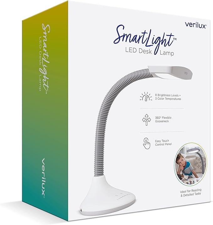 Verilux SmartLight Full Spectrum LED Desk Lamp with Adjustable Brightness, Flexible Gooseneck and Integrated USB Charging Port - Reduces Eye Strain and Fatigue - Ideal for Readers, Artists, Crafters - Aura Lighting