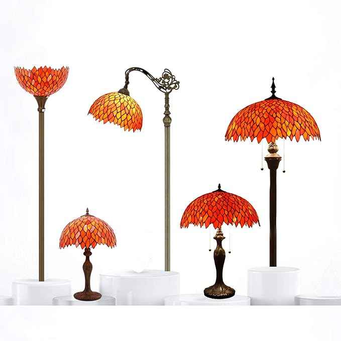 WERFACTORY Tiffany Style Table Lamp Red Stained Glass Wisteria Mather-Daughter Vase Lamp 16X16X24 Inch Antique Desk Reading Light Decor Bedroom Living Room Home Office S523R Series