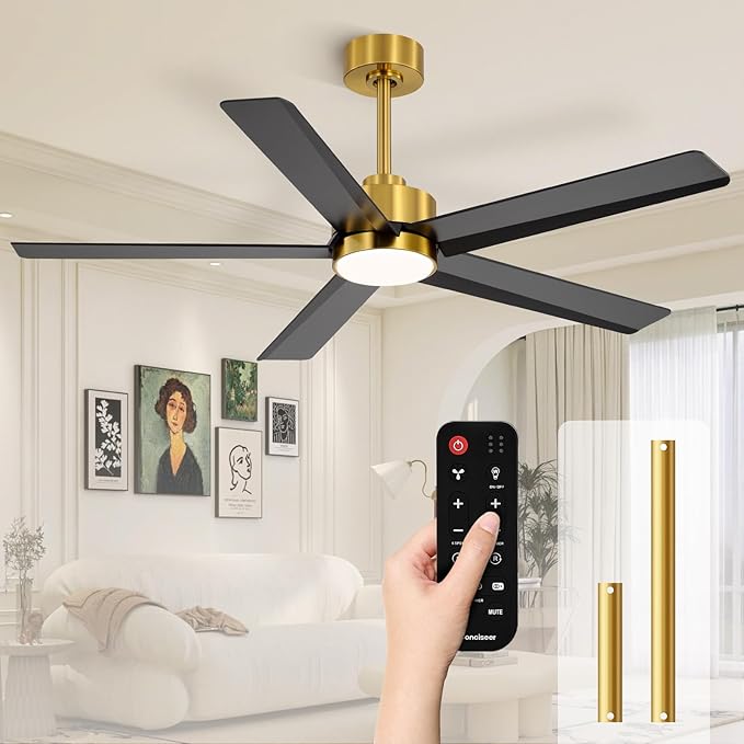 52 Inch Ceiling Fans with Lights and Remote for Bedroom Living Room Kitchen Office, Indoor/Outdoor Use, 3CCT Dimmable, 5 Blades 6 Speed Reversible Quiet DC Motor, Gold/Black