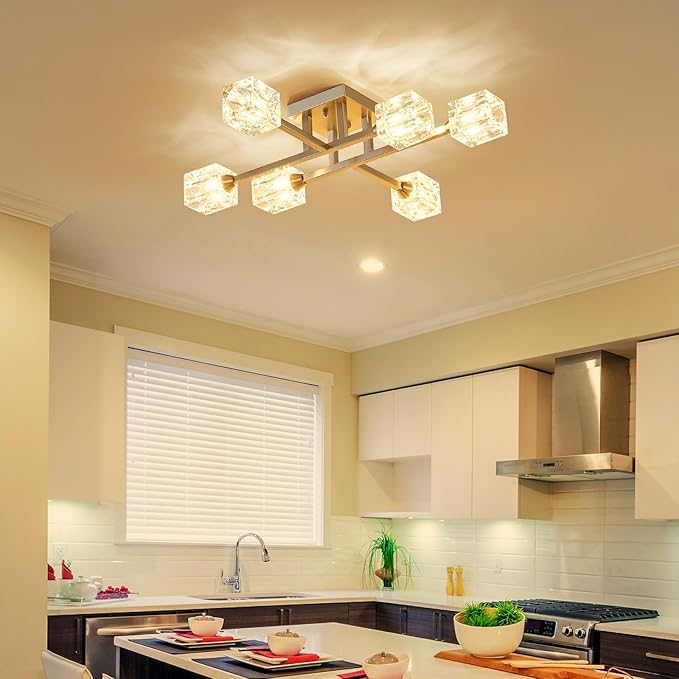 XINGQI Sputnik Light Fixture 6-Lights Semi Flush Mount Ceiling Light, Modern Silver Glass Chandelier Brushed Nickel Lighting for Dining Room Living Room Kitchen Bedroom Entryway - Aura Lighting