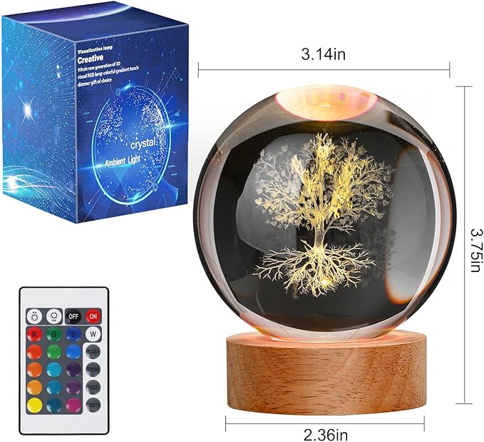 Large 3D Tree Night Light Crystal Ball, Spiritual Gifts for Women Crystal Lamp 16 Color Changing with Remote Control for Bedroom Decor, Spiritual Decor Tree Figurines