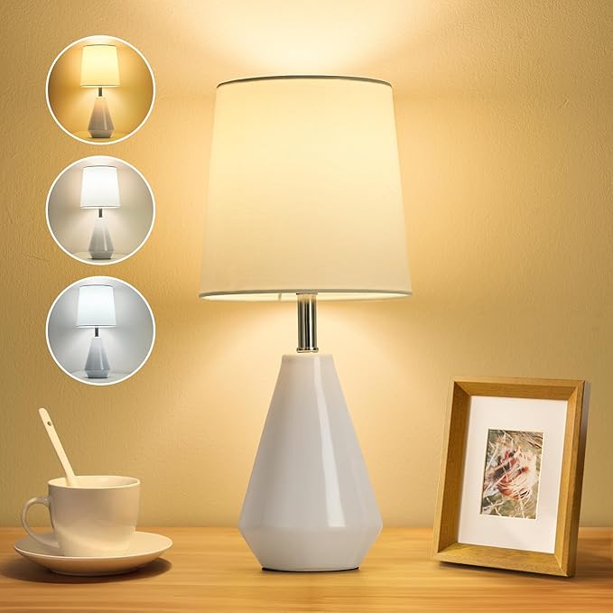 Small Bedside Table Lamp for Bedroom - Reading Desk Lamp with 3 Color Temperatures,15.5" Nightstand Ceramic Lamp with Fabric Shade for Kids Room,Living Room,Dorm,Home Office (White)